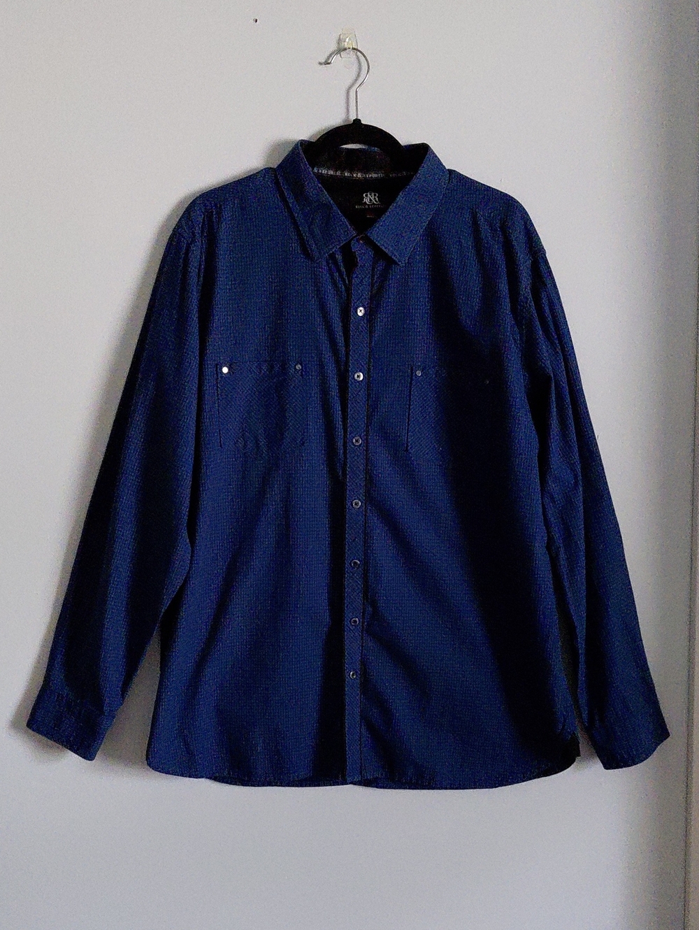 Rock & Republic Mens Blue Black Plaid Button Down Shirt Grunge